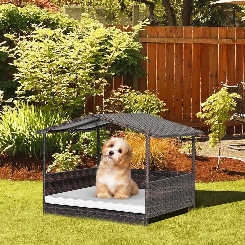 Caseta de mimbre con cojín para perro, cama elevada de mimbre para interior y exterior - Imagen 4