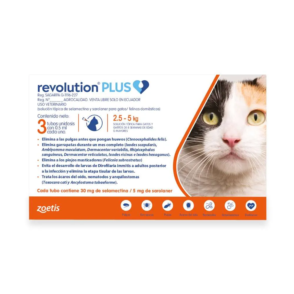 Antiparasitario REVOLUTION Plus x 0.5 ml Gatos 2.5-5 Kg x 3 Tubos
